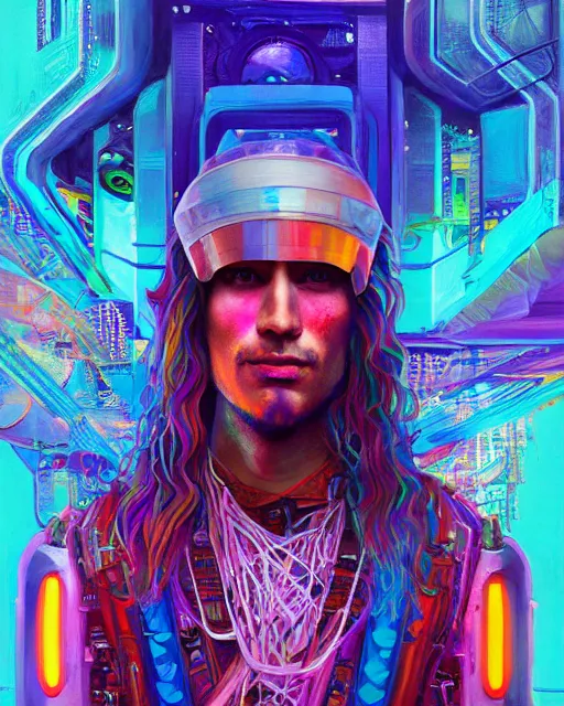 Prompt: colorful portrait of a male hippie with cybernetics, but set in the future 2 1 5 0 | highly detailed | very intricate | symmetrical | professional model | cinematic lighting | award - winning | painted by mandy jurgens | pan futurism, dystopian, bold psychedelic colors, cyberpunk, anime aesthestic | featured on artstation
