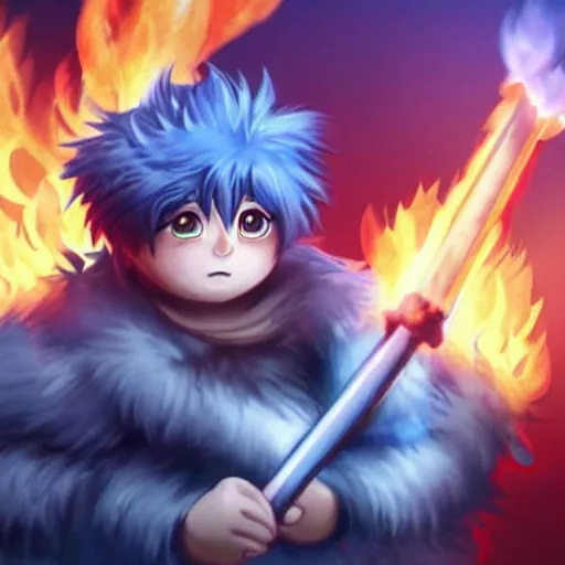 Prompt: god king fluffy in shining armor holding a flaming sword in the middle of a fierce battle