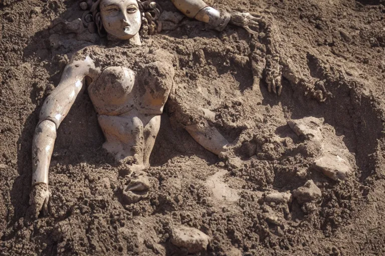 Prompt: Fossilized valkyrie goddess being excavated from the ground. 8k