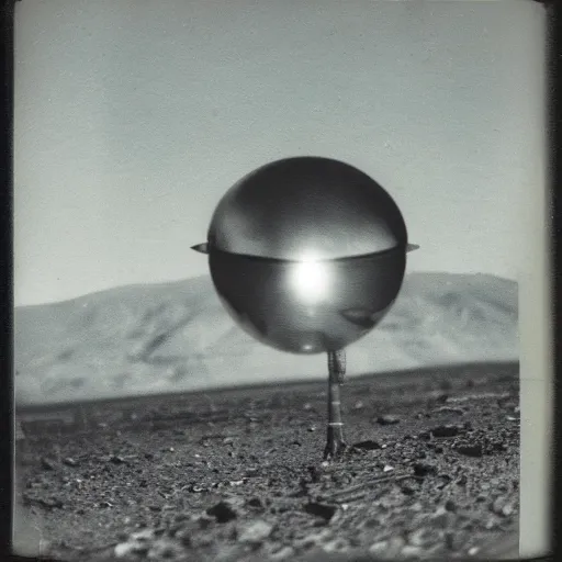 Image similar to old polaroid depicting a small spheric metallic alien probe, hovering at a clearing