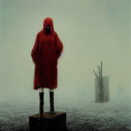 Prompt: a woman covered in white ash with red hair, standing on a post apocalyptic snow fiels with shadows of former civilzations, painted by beksinski