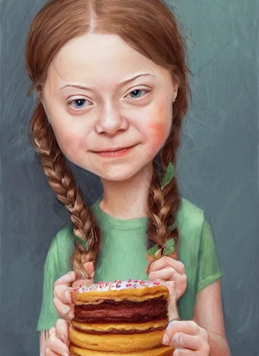 Prompt: greta thunberg eating cakes painted by nicoletta ceccoli, detailed digital art, trending on Artstation