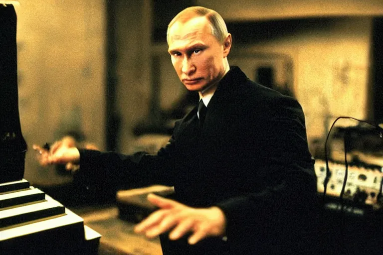 Prompt: film still of Vladimur Putin making music on a modular analog russian synth, from the movie The Matrix, promotional picture