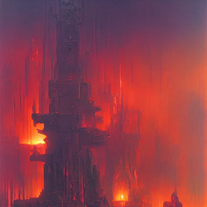 Prompt: the blind liberty of the few, red and purple palette, volume light, fog, by ( h. r. giger ) and paul lehr