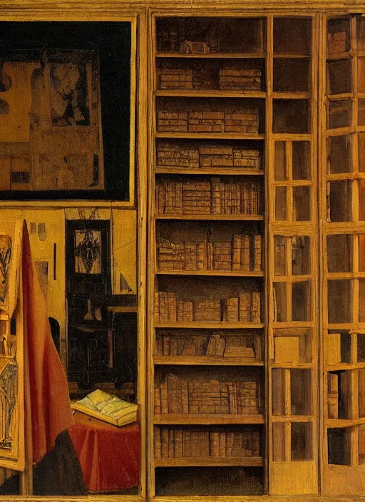 Image similar to bookshelves and drawing materials, paints, brushes, medieval painting by jan van eyck, johannes vermeer, florence