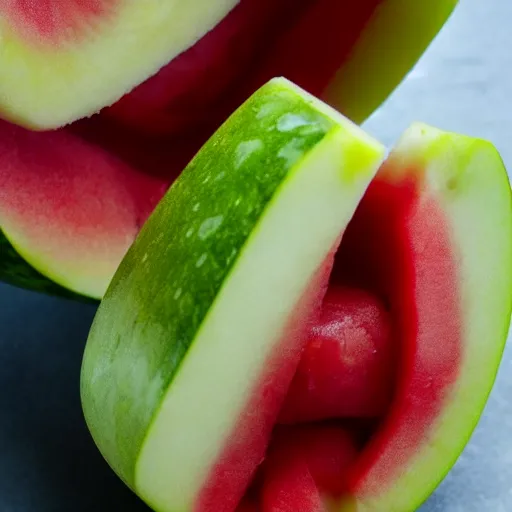 Prompt: a photo of an apple cut in half with watermelon core inside