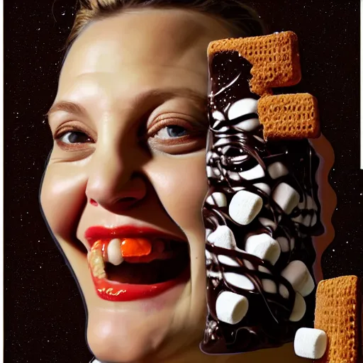 Image similar to drew barrymore in a smore, chocolate, marshmallow graham cracker, bionix scifi alexandre ferra, digital painting by arcimboldo