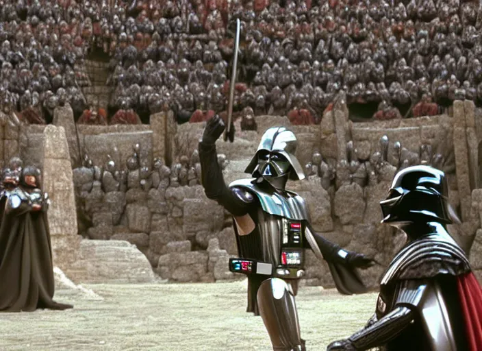 Image similar to film still of Darth Vader as Maximus in the arena with his arms out saying are you not entertained in Gladiator 2000, 4k