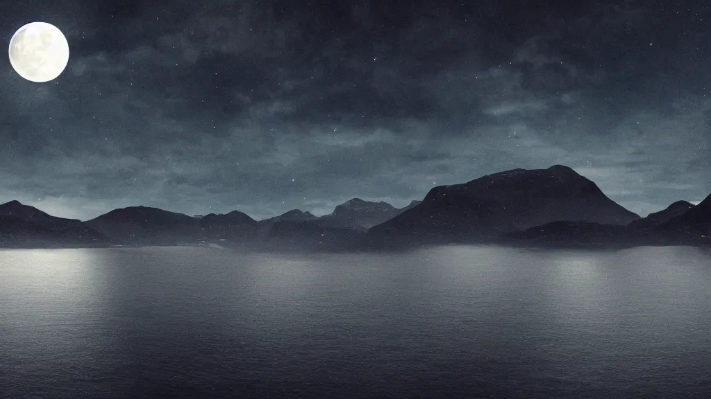 Image similar to a night view of the full moon above fjords, dark, very dark, blue, almost black, dark, dark, dark, dark, moon on the right, moon on the right, moon located on the right, the moon is on the right side, matte painting, concept art, 4 k