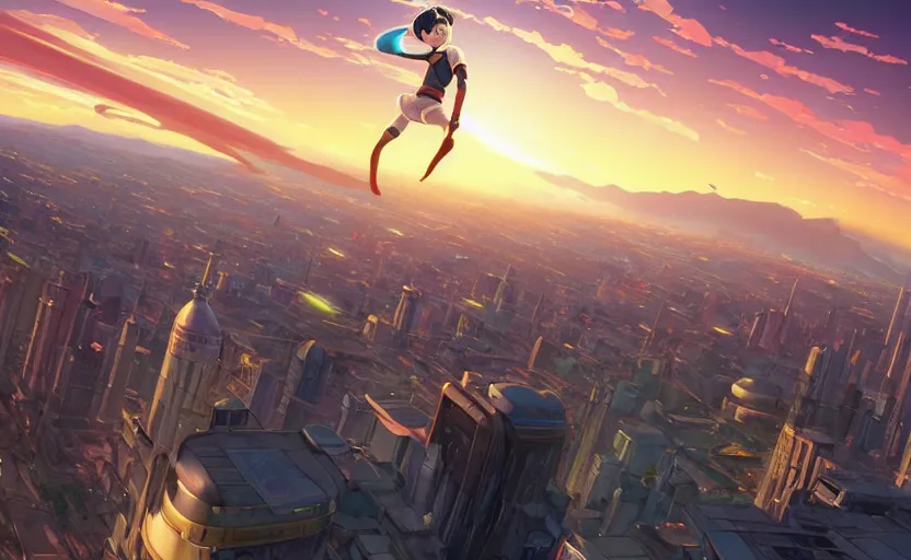 Image similar to Panoramic city view of the anime character Astroboy, golden hour sunlight, award winning painting, artstation, concept art, digital painting, Unreal Engine 5, 8K, art by artgerm and greg rutkowski and makoto shinkai and alphonse mucha and ross tran