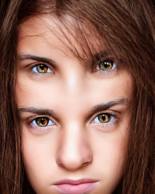 Prompt: photo portrait 1 5 - year old girl with lush brown hair, hermione granger, magic background, bright piercing brown eyes, hyper realistic face, beautiful eyes, by mario testino