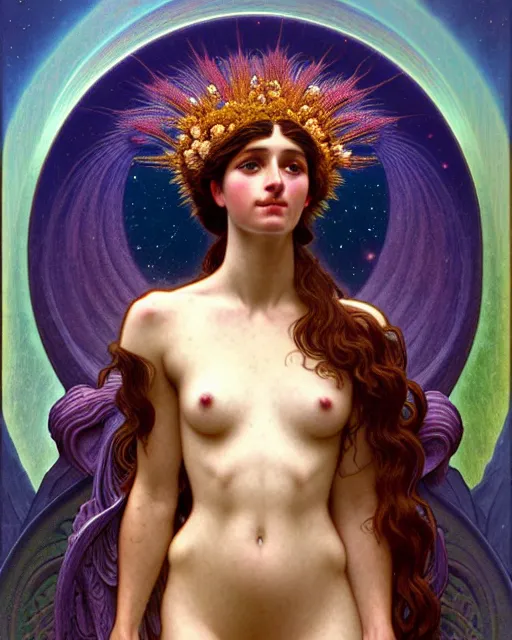 Image similar to portrait of a nature goddess, filled with nebulas, unusual beauty, emotionally evoking symbolic metaphors, head in focus, fantasy, ornamental, intricate, elegant, highly detailed digital painting, artstation, concept art, painterly, golden ratio, sharp focus, illustration, art by John William Godward and Alphonse Mucha and Zdzisław Beksiński,