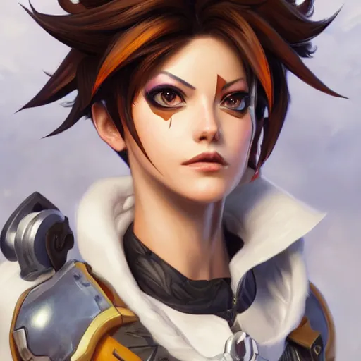 Prompt: closeup portrait of Tracer from Overwatch, D&D, fantasy, intricate, elegant, highly detailed, digital painting, artstation, concept art, matte, sharp focus, illustration, hearthstone, art by Artgerm and Gred Rutkowski and Alphonse Mucha