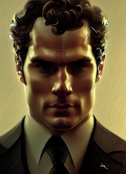 Image similar to portrait of henry cavill as james bond, key art, running, highly detailed, digital painting, artstation, concept art, cinematic lighting, sharp focus, illustration, by gaston bussiere alphonse mucha