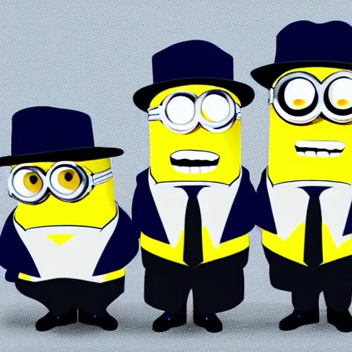 Image similar to three minions standing on top of eachother wearing a trenchcoat and a fedora, pretending to be an adult businessman