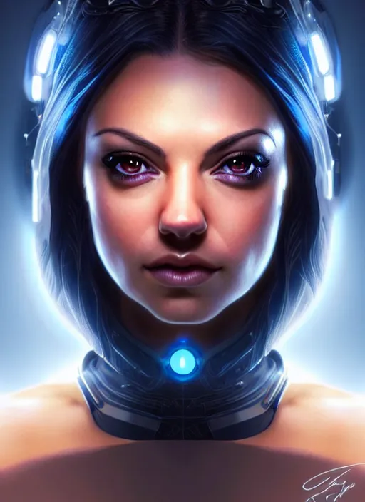 Image similar to portrait of female cyborg as cortana, mila kunis, intricate, elegant, glowing lights, highly detailed, digital painting, artstation, glamor pose, concept art, smooth, sharp focus, illustration, art by artgerm and greg rutkowski, artey freytag