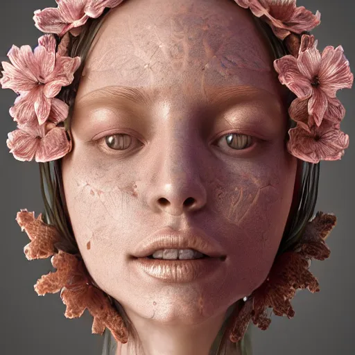 Image similar to beatifull frontal face portrait of a woman, 150 mm, anatomical, flesh, flowers, mandelbrot fractal, facial muscles, veins, arteries, symmetric, intricate, golden ratio, full frame, microscopic, elegant, highly detailed, ornate, ornament, sculpture, elegant , luxury, beautifully lit, ray trace, octane render in the style of peter Gric , alex grey and Romero Ressendi