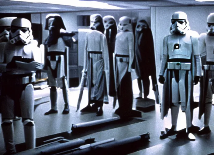 Image similar to screenshot of emporer palpatine's cloning lab room, pensive, iconic scene from 1 9 8 0 star wars film directed by stanley kubrick, last jedi, 4 k hd sharp, cinematic still frame, photoreal, detailed face, moody lighting, stunning cinematography, anamorphic lenses, kodak color film stock