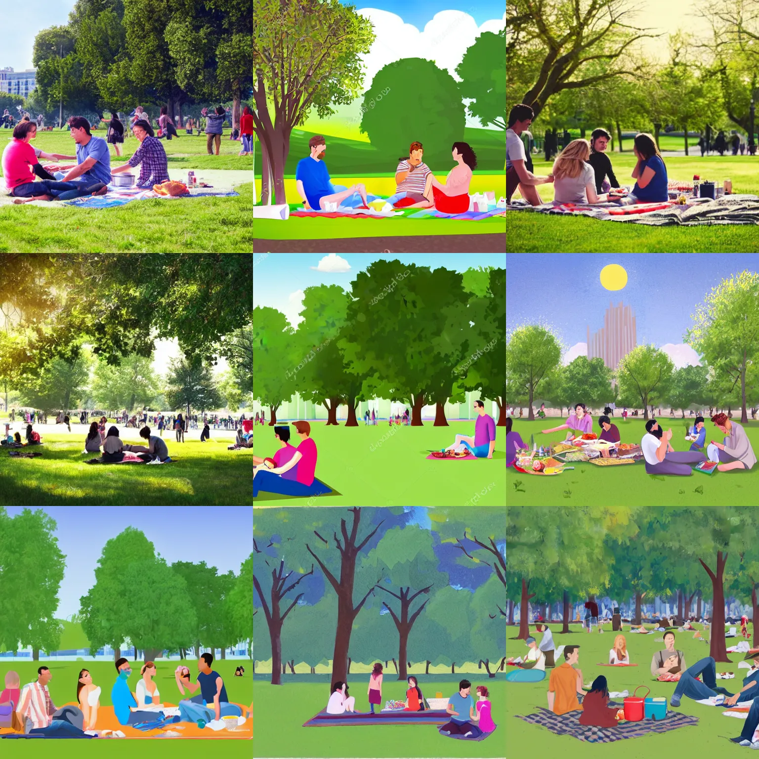 Prompt: people having a picnick in a city park on a clear day, in realism style