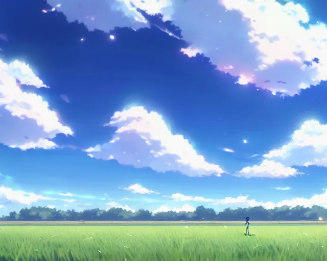 Image similar to an empty field with a partly cloudy sky, anime key visual, official media, illustrated by wlop, extremely detailed, 8 k, trending on pixiv, cinematic lighting, beautiful