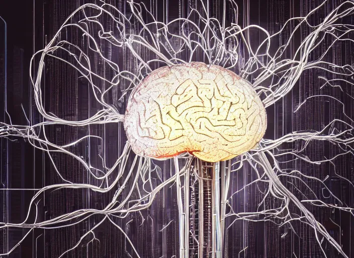 Prompt: 2 8 mm macro photo of a metallic silver brain with neon tubes with electric wires as seen from a distance, by greg rutkowski, canon 5 0 mm, film, photography, cyberpunk, esuthio, craig mullins, 1 / 4 headshot, cinematic lighting, dystopian scifi gear, gloomy, profile picture, mechanical, half robot, implants, solarpunk