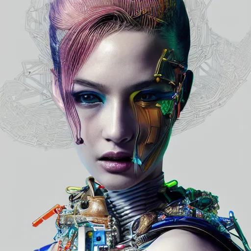 Image similar to the portrait of an absurdly beautiful, graceful, elegant, sophisticated, fashionable cyberpunk gravure idol, an ultrafine hyperdetailed illustration by kim jung gi, irakli nadar, intricate linework, bright colors, collage, porcelain skin, unreal engine 5 highly rendered, global illumination, radiant light, detailed and intricate environment