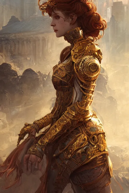 Image similar to portrait knights of Zodiac girl, golden and copper reflected armor, in ruined Agora of Athens, ssci-fi, fantasy, intricate, very very beautiful, elegant, highly detailed, digital painting, artstation, concept art, smooth, sharp focus, illustration, art by tian zi and WLOP and alphonse mucha