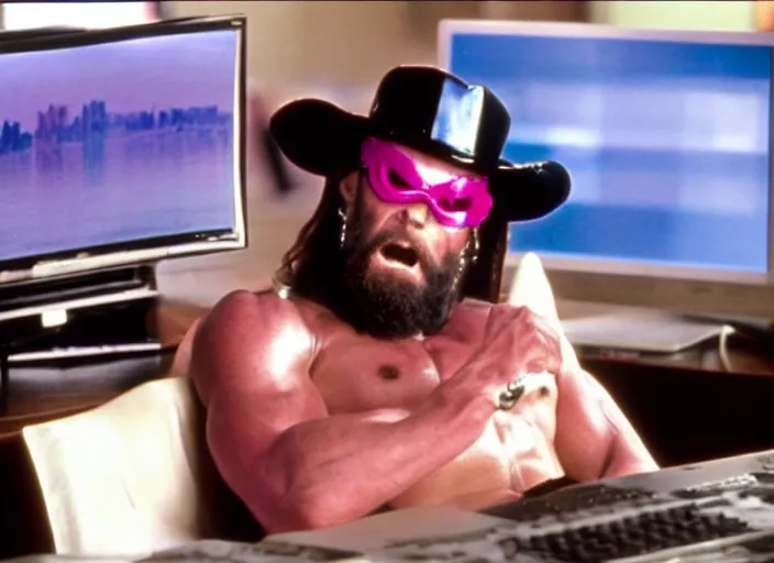 Image similar to film still of Macho Man Randy Savage on a computer in the new Wolf of Wallstreet movie, 8k