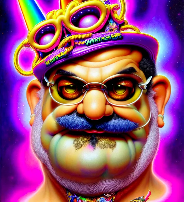 Image similar to lisa frank pattern fantasy character portrait of wario from mario brothers, ultra realistic, wide angle, intricate details, blade runner artifacts, highly detailed by peter mohrbacher, wayne barlowe, boris vallejo, hajime sorayama aaron horkey, gaston bussiere, craig mullins