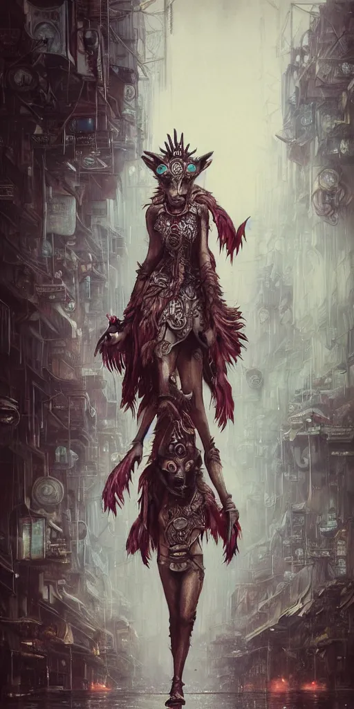 Image similar to hyper realistic Princess Mononoke, ornate mask, wet market street, cyberpunk metropolis, city landscape, jewels, full body pose, wolves, style of tom bagshaw, mucha, james gurney, norman rockwell, denoised, sharp