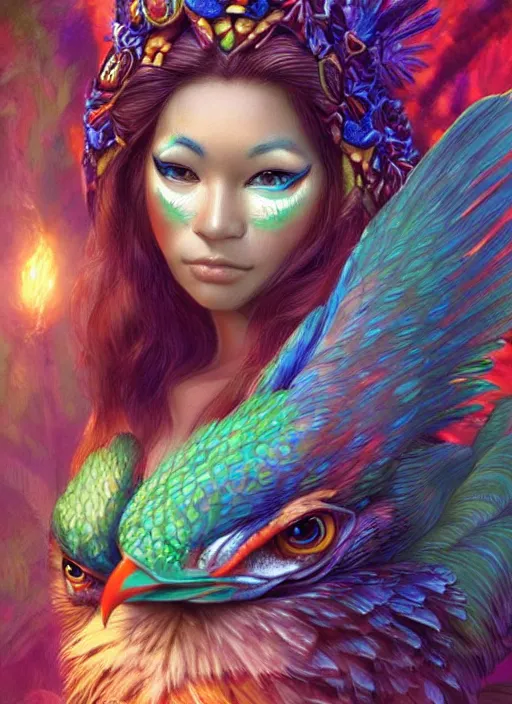 Prompt: A mayan quetzal bird , in a jungle glowing extremely detailed and beautiful face, By Artgerm, trending on artstation.