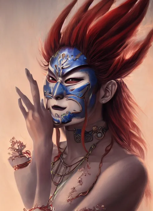 Image similar to a beautiful detailed oil on copper art illustration of a japanese basara mask devil woman, centered, by charlie bowater, zeng fanzh, trending on artstation, dim dusk lighting, cinematic lighting, detailed lighting, volumetric lighting, realistic, f 8, 4 k hd wallpaper