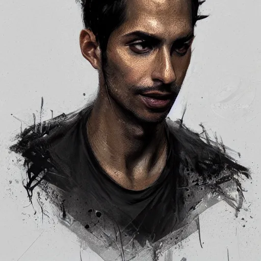 Image similar to Portrait of a man by Greg Rutkowski, he is about 30 years old, indian, cybernetic eyes implants, messy long black hair, slim and tall, he is wearing utilitarian beige black jumpsuit, highly detailed portrait, digital painting, artstation, concept art, smooth, sharp foccus ilustration, Artstation HQ.