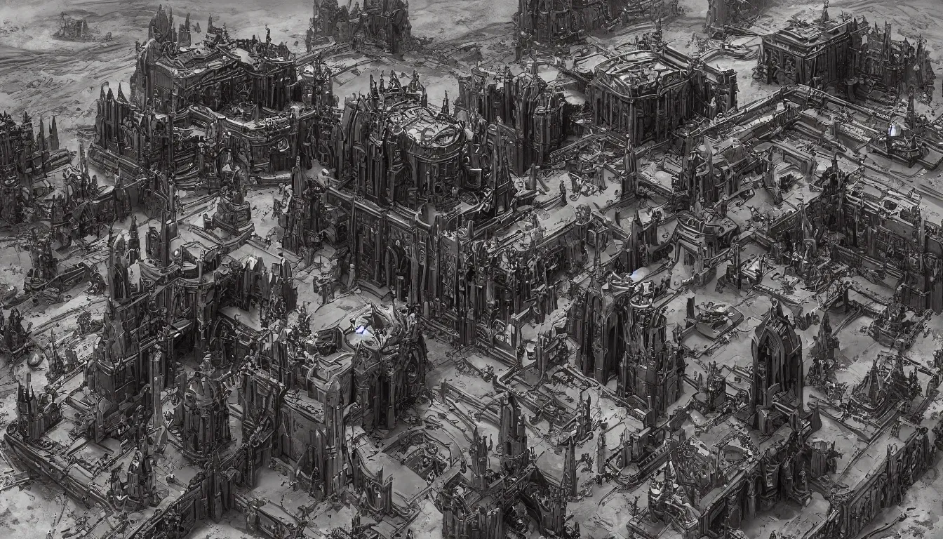Image similar to A Cathedral in Mars, architecture in the style of Warhammer 40k Adeptus Mechanicus, digital art, highly detailed