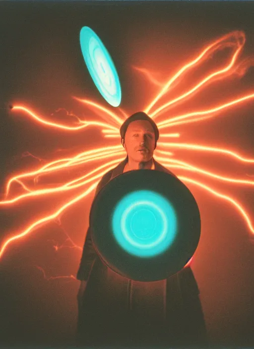 Image similar to realistic photo portrait of a glowing disks flying in a grey sky, covered with tesla electricity, transparent human 1 9 9 0, life magazine photo, natural colors, museum collection, kodak