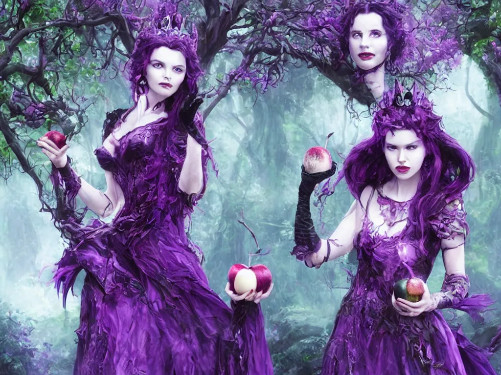 Image similar to evil fantasy queen with black hair holding an apple with both hands in the violet forest dark forest, frame from a fantasy movie, very detailed, cinematic, artstation trending.