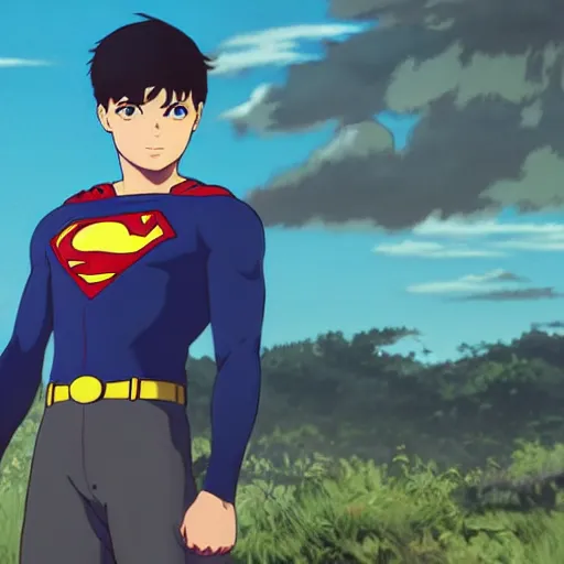 Image similar to Jon Kent superboy standing triumphantly. Anime still. Makoto shinkai. Kuvshinov ilya.