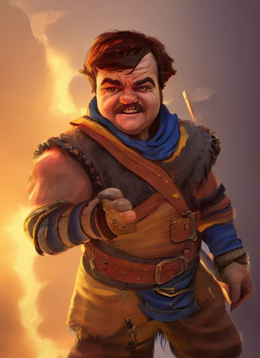 Prompt: A fantasy comic book style portrait painting of jack black as a halfling thief, unreal 5, DAZ, hyperrealistic, octane render, RPG portrait, dynamic lighting