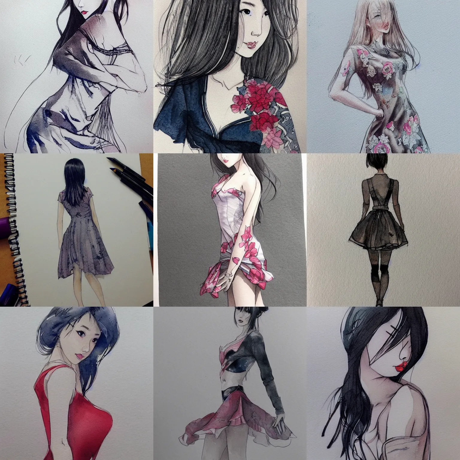 Prompt: beautiful aesthetic inspirational masterful professional ink pen and watercolor sketch of a japanese girl posing in minidress, marvel style, concept art, fine details, trending on artstation, high quality paper, instagram photo