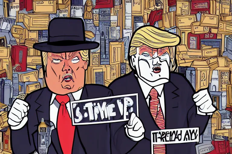 Image similar to 2 d poster illlustration donald trump and donald trump wearing trenchcoats and black spy hats and stacks of boxes for the movie spy vs spy