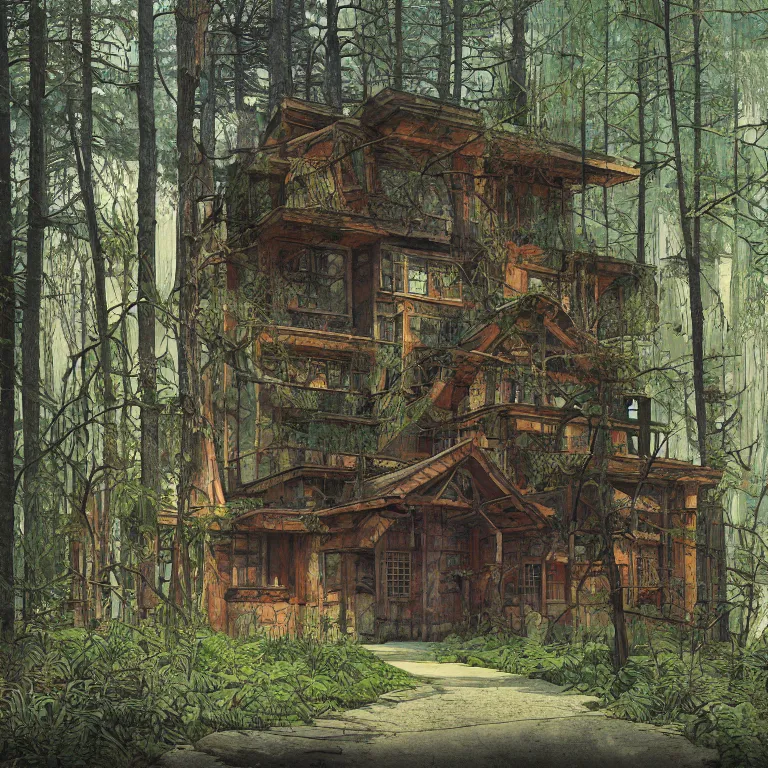 Prompt: a post - modern building in the woods. highly detailed, digital painting, watercolor, soviet realism, engraving, artstation, concept art, smooth, sharp focus, vivid grunge, manga, illustration, unreal engine 5, 8 k, art by bilibin and kuvshinov and malevich and mucha