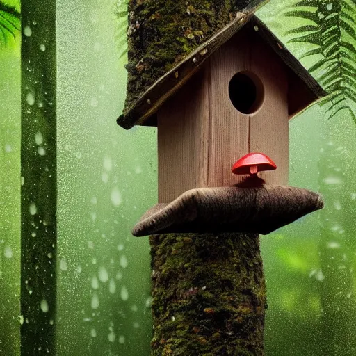 Prompt: wooden birdhouse in a tree in the rain forest, mushrooms and leaves on the birdhouse, mushrooms, dense rain forest, backlit, realistic, beautiful lighting