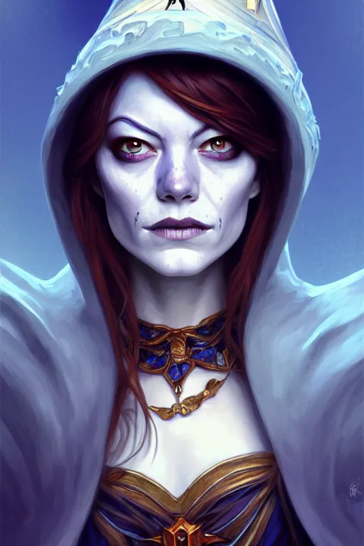 Prompt: Portrait of skeleton Emma Stone with a wizard hat on head, D&D, blue eyes, face, fantasy, intricate, elegant, highly detailed, digital painting, artstation, concept art, smooth, sharp focus, illustration, art by artgerm and greg rutkowski and alphonse mucha