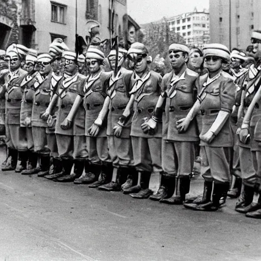 Prompt: minions in ss uniforms at the parade of the third reich during the great sweep,