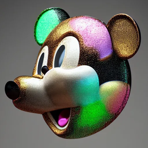 Image similar to counterfeit mickey mouse head, fractal, broken, psychedelic, wet, mycelium, radiant alien, rococo, baroque, automotive, bio-mechanical, porcelain, iridescent, sub surface scattering, octane render