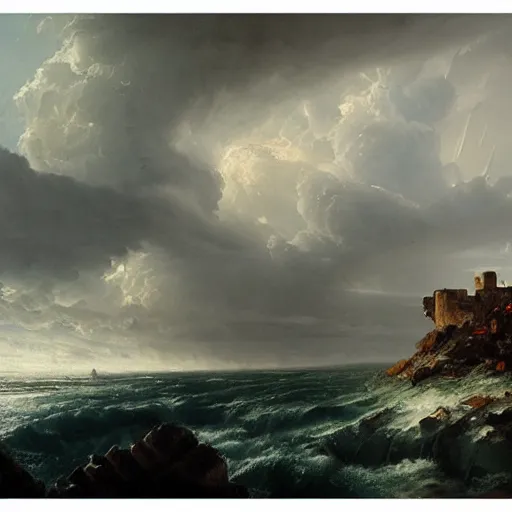 Image similar to Panorama view at a hurricane with rubble from a castle in its grasp, oil painting, by Greg Rutkowski