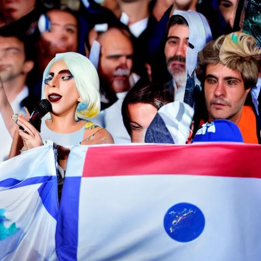 Image similar to Lady Gaga as president, Argentina presidential rally, Argentine flags behind, bokeh, giving a speech, detailed face, Argentina