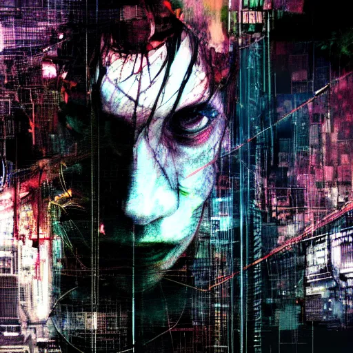 Image similar to glitchcore portrait of a cybercity dreamer, wires, machines, in a dark future city by jeremy mann, francis bacon and agnes cecile, and dave mckean ink drips, paint smears, digital glitches glitchart