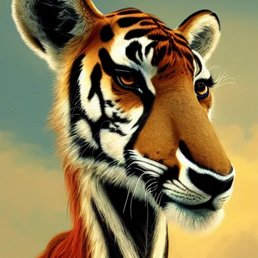 Image similar to a dramatic portrait of a antelope in!!! tiger!!! skin, cinematic lighting, symmetric face by karol bak, christopher balaskas
