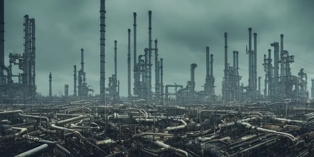 Image similar to industrial science-fiction landscape, huge mechanical towers, ground full of factories and pipes, under a dark cloudy sky, in the style of Blade Runner